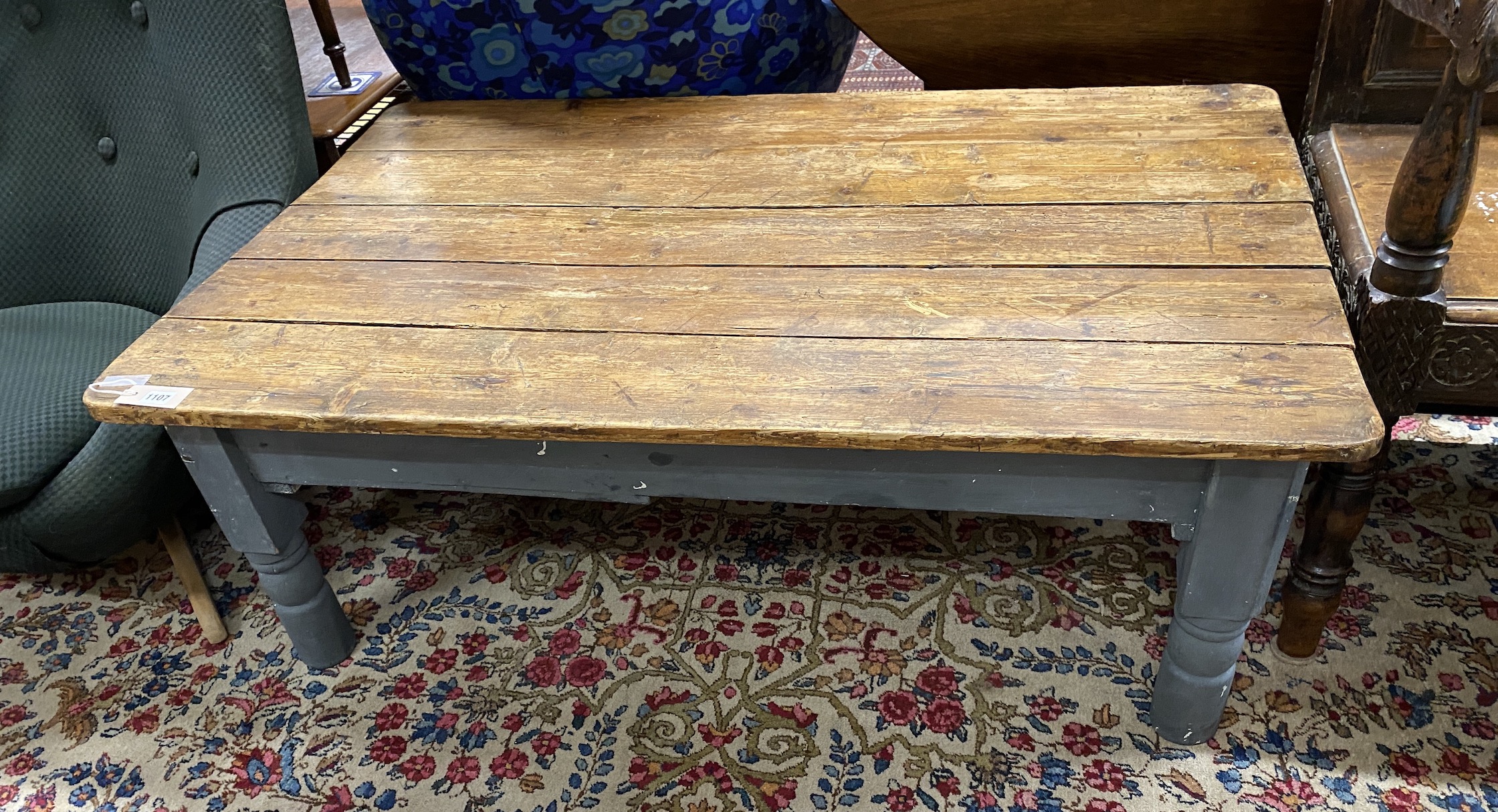 A Victorian part painted rectangular pine coffee table, (cut down dining table), length 120cm, width 75cm, height 47cm